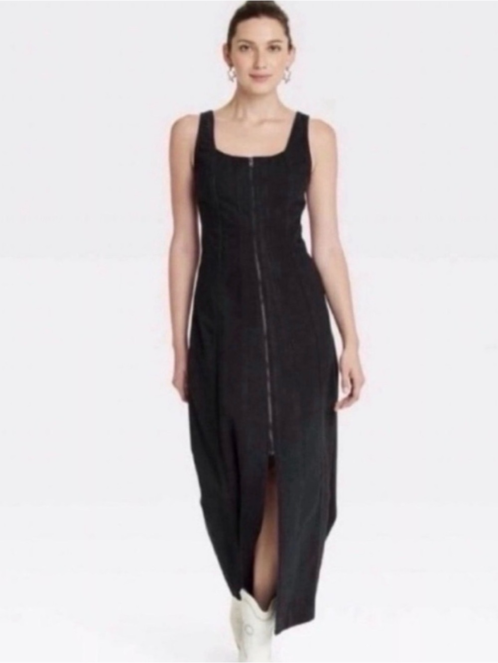 NWT Universal Thread Corset Fitted Black Denim Zip Front Midi Dress